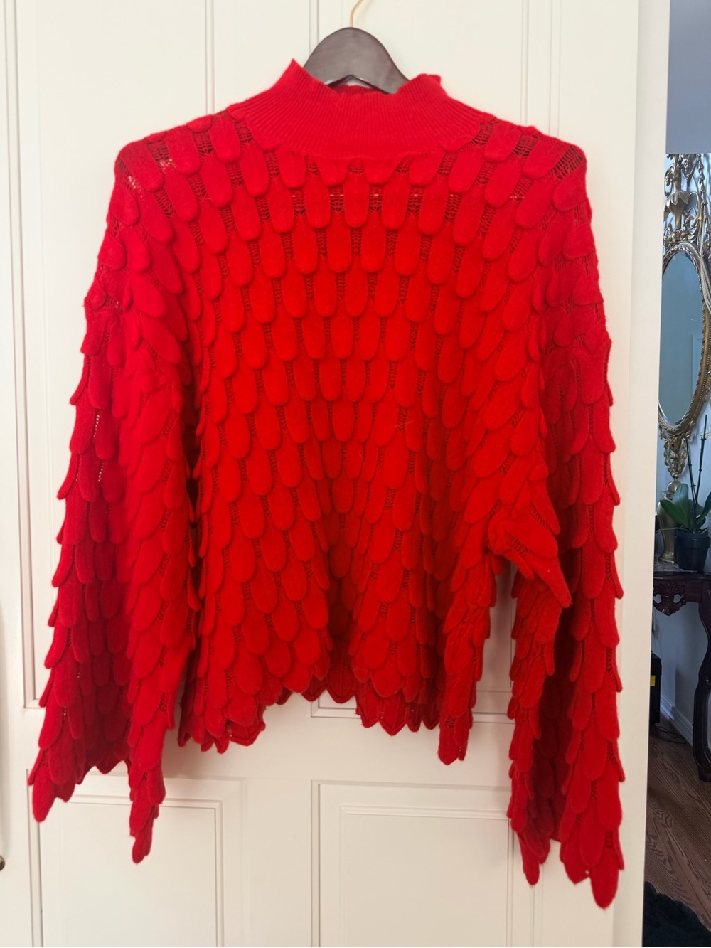 Women's Red Scalloped Mock Neck Sweater